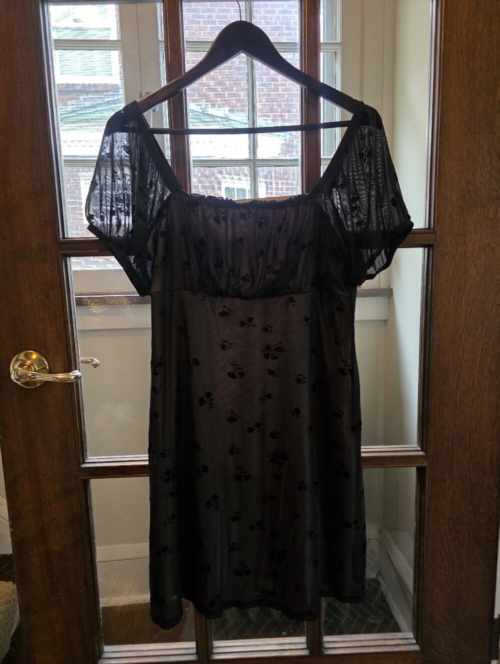 Juniors Black Floral Dress with Sheer Puff Sleeves
